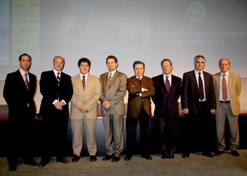 Inauguration of the II Catalan Java Days. From left to right: Fernando Suarez (IBM), Josep Figols (Sun MicroSystems), Jordi Pujol Ulied ( AUJAC), Monte Kluemper (BEA), Juan Antoni Pastor (UNICA), ? (IBM), Miquel Boix Serra (Steria), Alvaro Rocabayera (MSS)